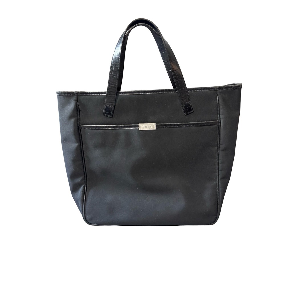 Lauren Ralph Lauren Black Nylon Tote Bag Croc Embossed Trim Large Shoulder Bag